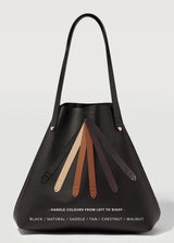 A straight on view of the buttery soft Australian Made Black Nappa Bespoke Tote, showcasing all handle options from Charlie Middleton.