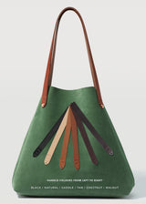 A straight on view of the Italian cow-suede Australian Made Forest suede Bespoke Tote, showcasing all handle options from Charlie Middleton.