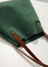 A top view of the Italian cow-suede Australian Made Forest Suede Bespoke Tote, highlighting the details of the genuine leather, handle and hardware from Charlie Middleton.