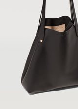 A cut view of the buttery soft Australian Made Black Nappa Bespoke Tote, highlighting the details of the full grain leather, handle and hardware from Charlie Middleton.