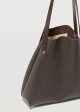 A cut view of the buttery soft Australian Made Chocolate Nappa Bespoke Tote, highlighting the details of the full grain leather, handle and hardware from Charlie Middleton.