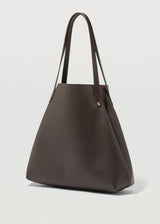 A side on view of the buttery soft Australian Made Chocolate Nappa Bespoke Tote by Charlie Middleton.