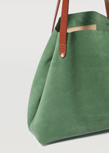 A cut view of the Italian cow-suede Australian Made Forest Suede Bespoke Tote, highlighting the details of the genuine leather, handle and hardware from Charlie Middleton.