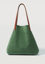 A front view of the Australian made Forest Suede Bespoke Tote in Italian cow-suede from Charlie Middleton.