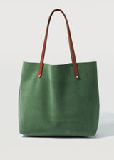 A straight on view of the Italian cow-suede Australian Made Forest Suede Bespoke Tote from Charlie Middleton.