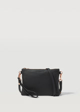 A front view of the Black Nappa Essentials Crossbody bag from Charlie Middleton.